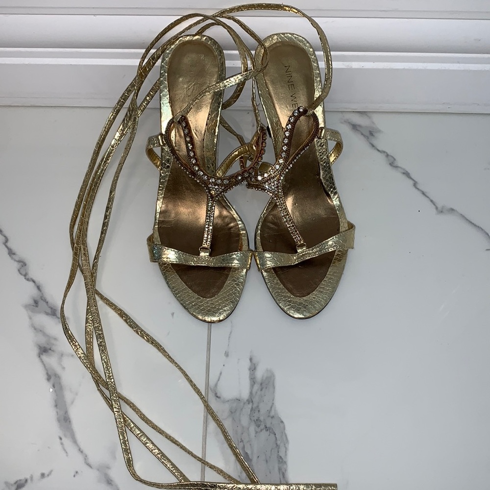 New! Nine West Gold Diamond Laced Up Sandals